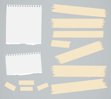 Beyaz boş defter kağıt sayfalarının sökük, maskeleme bantları gri arka plan üzerinde sıkışmış