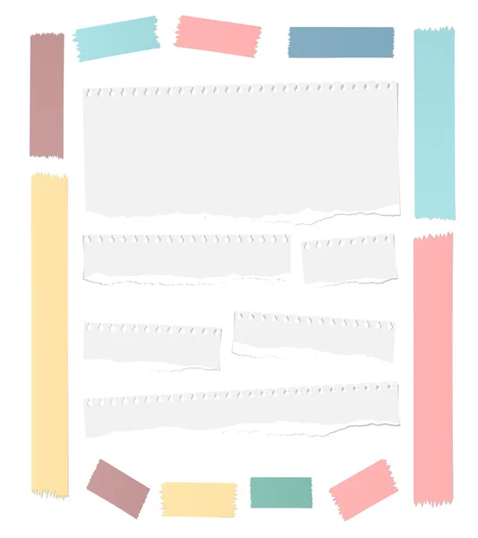 Ripped white blank notebook paper sheets, colorful masking tapes frame are stuck on background — Stock Vector