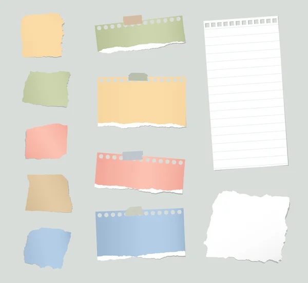 Kousky různých šedé a barevné roztrhaný papír s lepící páskou přilepená na pozadí — Stockový vektor