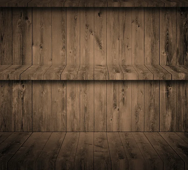 Hnědá tmavá grunge dřevěná stěna s policemi — Stock fotografie