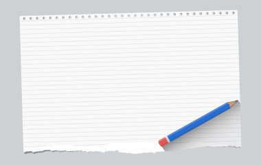 Kopyalanmış beyaz çizgili defter kağıt sayfası olan ahşap kalem mavi gri zemin üzerine