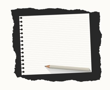 Defter kağıt sayfası olan ahşap kalem sökük siyah zemin üzerine beyaz karar verdi