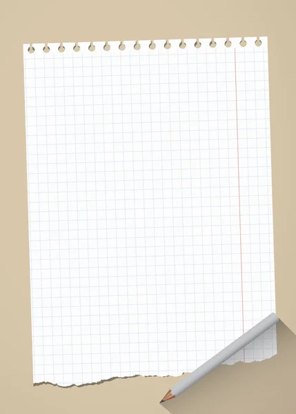 La hoja de papel de cuaderno de rejilla blanca rasgada está sobre fondo marrón con lápiz de madera gris — Vector de stock