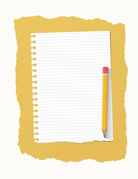 Bianco strappato governato foglio di carta taccuino sono su sfondo giallo con matita di legno — Vettoriale Stock