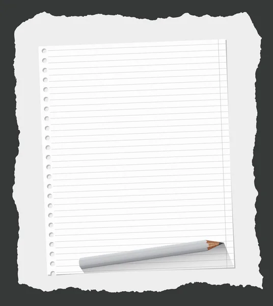 Bianco governato foglio di carta taccuino sono su sfondo grigio strappato con matita di legno — Vettoriale Stock