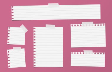 Kesme beyaz çizgili defter kağıt parçaları kırmızı zemin üzerine yapışkan bant ile sıkışmış