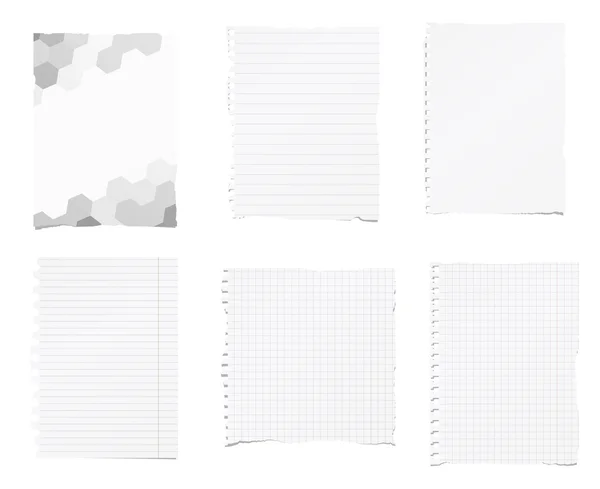 Conjunto de blanco rasgado, gobernado, papel cuaderno de matemáticas se pegan en el fondo — Vector de stock
