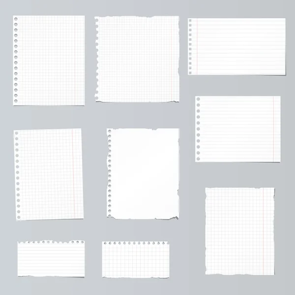 Set of ripped white, ruled, math notebook paper are stuck on gray background — Stock Vector