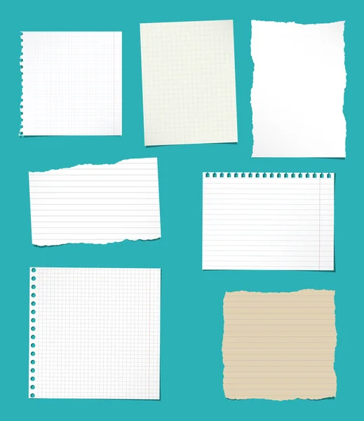 Conjunto de blanco rasgado y marrón gobernado, hojas de papel cuaderno de matemáticas . — Vector de stock