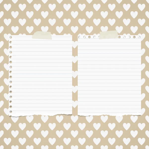 Blanco rasgado gobernado hojas de papel cuaderno están atascados en el patrón de corazones — Vector de stock
