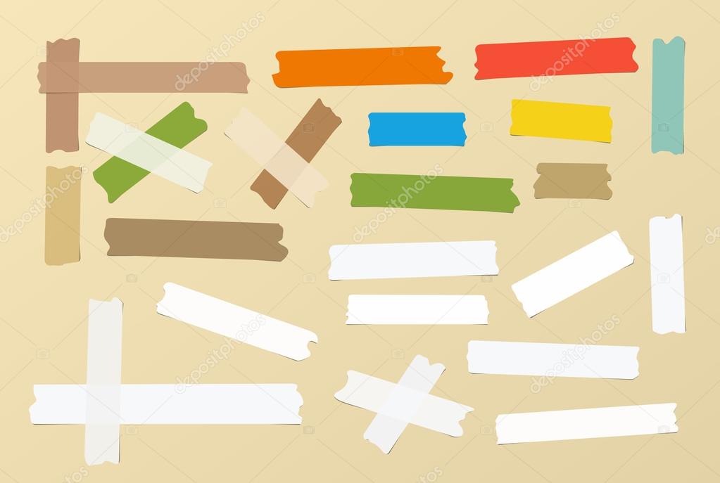 Pieces of different size, colourful, sticky, adhesive masking tape are on brown background