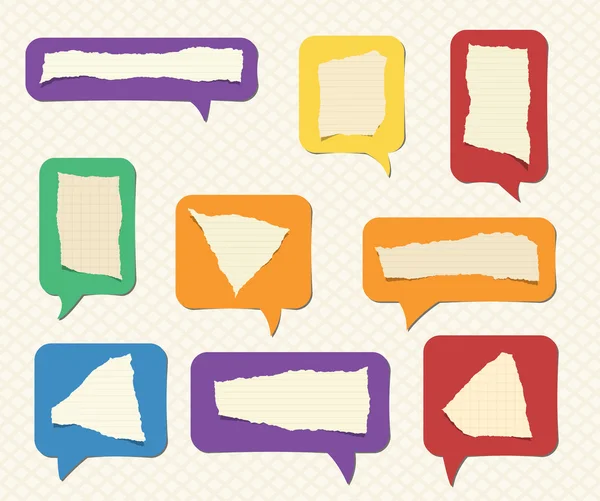 Geripte kwadraat, regeerde opmerking, notebookpapier vastzitten op kleurrijke tekstballon — Stockvector