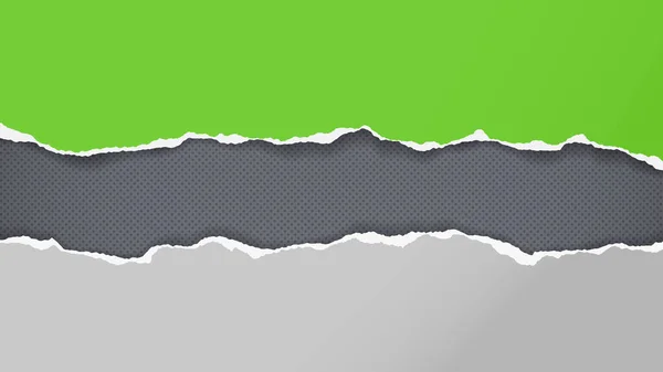 Разорванные зеленые и белые полоски бумаги, куски на темно-сером пятне фона для текста, рекламы или дизайна. Векторная иллюстрация — стоковый вектор