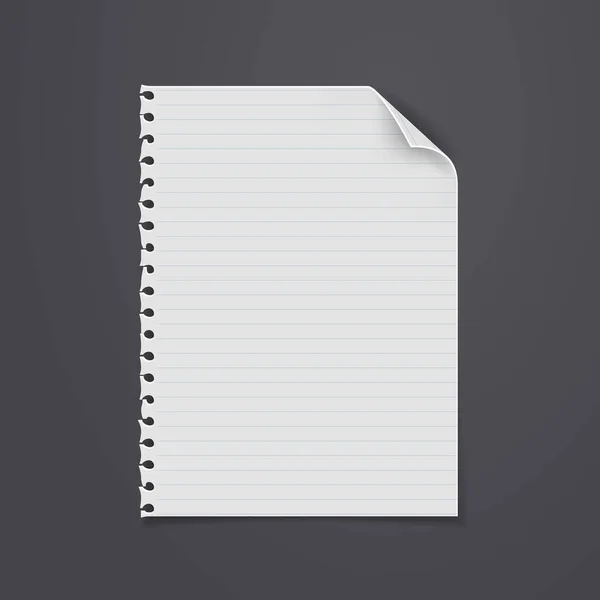 Torn of white lined note, notebook paper with folded corner is on black background for text, advertising or design. Ilustración vectorial — Vector de stock