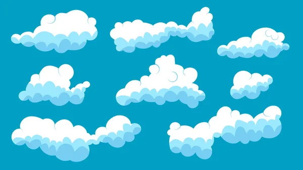 Conjunto de cielo azul, nubes abstractas de dibujos animados. Diferentes formas y tamaños de nubes iconos están en el cielo azul. Ilustración vectorial — Vector de stock