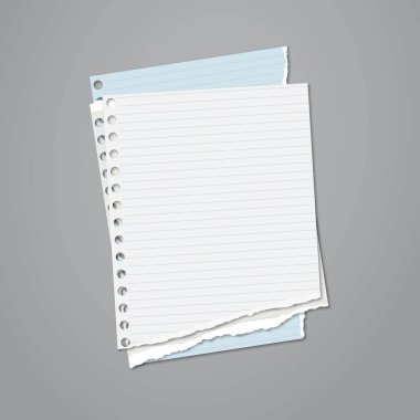 Beyaz ve mavi çizgili notlardan oluşan not defteri kağıdı, metin, reklam veya tasarım için gri arkaplan üzerindedir. Vektör illüstrasyonu