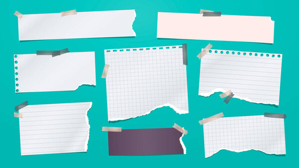 Set of torn white note, notebook paper pieces stuck with sticky tape on turquoise background. Vector illustration