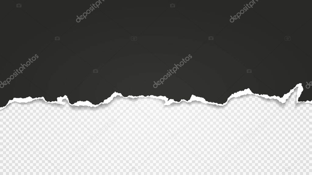 Piece of torn black paper is on white transparent background for text, advertising or design. Vector illustration