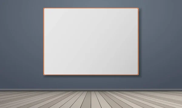 Chambre avec plancher vertical en bois, mur bleu foncé et cadre ou panneau d'affichage pour la publicité. Illustration vectorielle — Image vectorielle