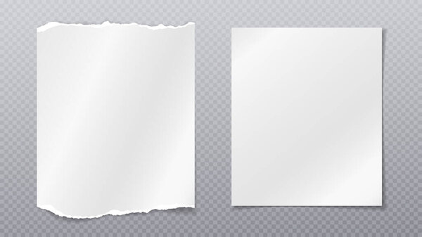 Torn of white note, notebook paper are on grey transparent background for text, advertising or design. Vector illustration