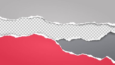 Yırtık, yırtık, kırmızı, beyaz ve kare kağıt şeritleri gri arka planda yazılı. Vektör illüstrasyonu