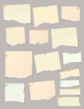 Set of torn yellow note, notebook paper pieces stuck with sticky tape on gray vertical background. Vector illustration