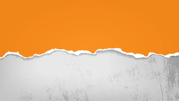 Un pedazo de papel naranja rasgado y rasgado con una sombra suave está sobre un fondo gris manchado de texto. Ilustración vectorial — Vector de stock