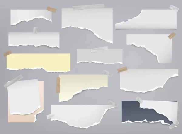Conjunto de piezas de papel blanco rasgado, nota amarilla, cuaderno pegadas sobre fondo gris claro. Ilustración vectorial — Vector de stock