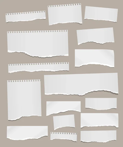 Set of torn white note, notebook paper pieces stuck on light brown background. Vector illustration — Stock Vector