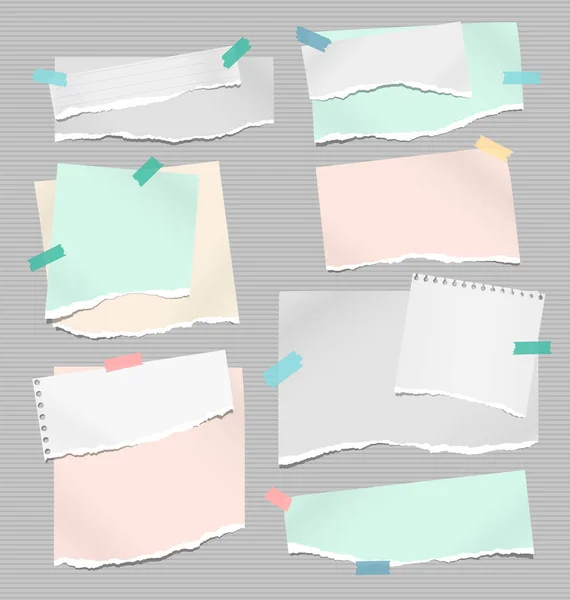 Conjunto de notas blancas y coloridas desgarradas, piezas de papel de cuaderno pegadas con cinta adhesiva en el fondo forrado. Ilustración vectorial — Archivo Imágenes Vectoriales