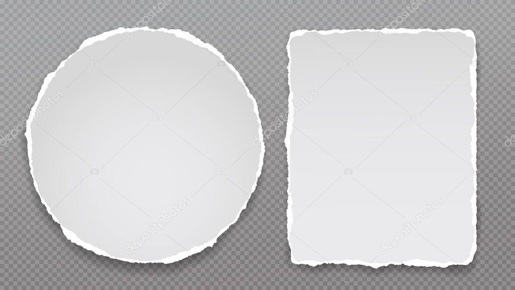 Set of torn white round note, notebook paper pieces stuck on dark squared grey background. Vector illustration