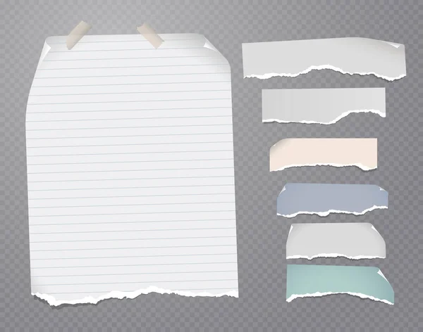 Conjunto de piezas de papel blanco rasgado, nota colorida, cuaderno pegado sobre fondo gris oscuro. Ilustración vectorial — Archivo Imágenes Vectoriales