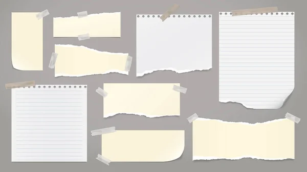 Set of torn white, yellow note, notebook paper pieces stuck on dark grey background. Vector illustration — Stock Vector