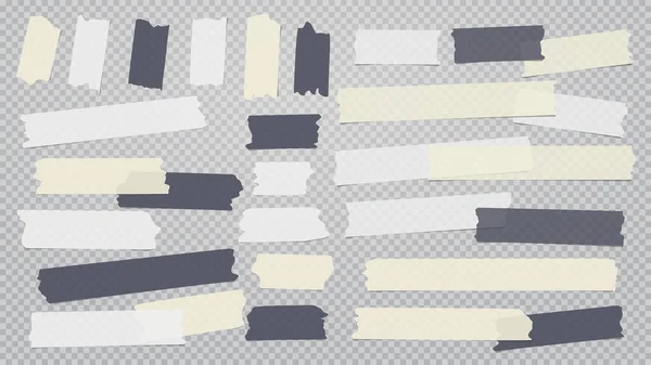 白、黒、黄色の異なるサイズの接着剤、粘着性、マスキング、ダクトテープ、紙片は灰色の透明、二乗の背景にあります — ストックベクタ