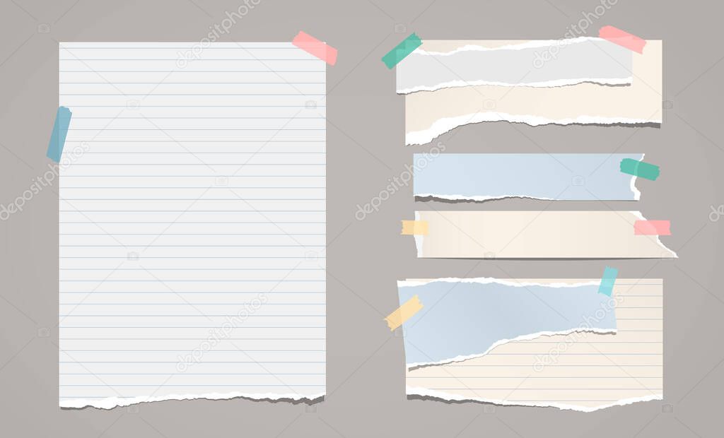 Set of torn white, colorful note, notebook paper pieces stuck on dark grey background. Vector illustration