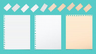 Beyaz, kahverengi nota, yapışkan bantlı defter kağıdı metin, reklam veya tasarım için turkuaz arka planda. Vektör illüstrasyonu