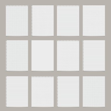 Beyaz kare, çizgili ve boş notlar, not defteri kağıdı yazı, reklam ya da tasarım için gri arkaplan üzerindedir. Vektör illüstrasyonu