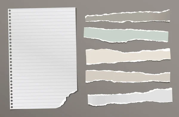 Torn of white and colorful notebook paper pieces are on dark grey background for text, advertising or design. Ilustración vectorial — Vector de stock