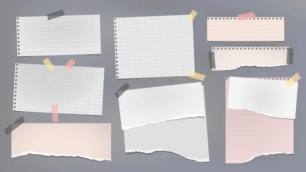 Rasgado de peças de papel branco e rosa notebook preso com fita adesiva em fundo cinza escuro para texto, publicidade ou design. Ilustração vetorial — Vetor de Stock