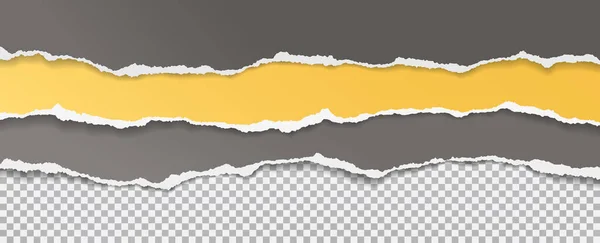 Gescheurde, gescheurde gele en grijze papieren stroken met zachte schaduw zijn op de vierkante achtergrond voor tekst. Vectorillustratie — Stockvector
