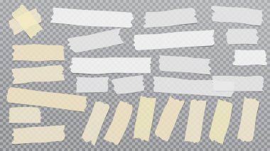 Beyaz ve sarı farklı boyutlarda yapıştırıcı, yapışkan, maskeleme, koli bandı, kağıt parçaları gri kare arka planda.