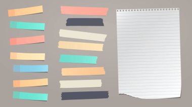 Renkli not kağıdı seti, yapışkan bant şeritleri, kahverengi arka planda yırtık defter kağıtları. Vektör illüstrasyonu