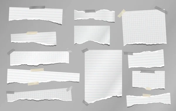 Conjunto de notas brancas rasgadas, pedaços de papel de caderno presos no fundo cinzento. Ilustração vetorial —  Vetores de Stock