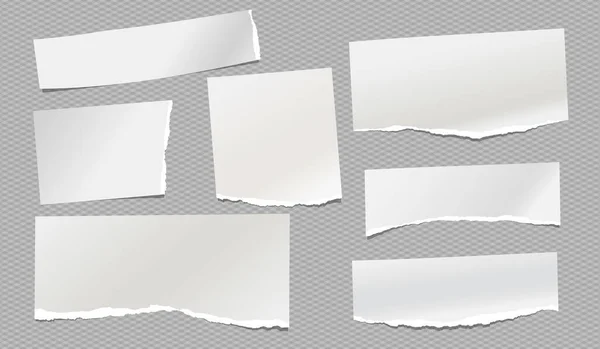 Nota blanca rasgada, las rayas de papel de cuaderno están sobre fondo gris para texto, publicidad o diseño. Ilustración vectorial — Vector de stock