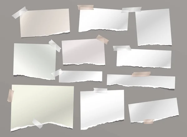 Nota rasgada branca, listras de papel notebook com fita adesiva estão em fundo cinza escuro para texto, publicidade ou design. Ilustração vetorial —  Vetores de Stock