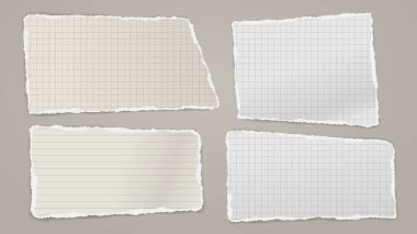 Beyaz ve bej yırtık not, not defteri kâğıdı şeritleri yazı, reklam veya tasarım için gri arka planda. Vektör illüstrasyonu