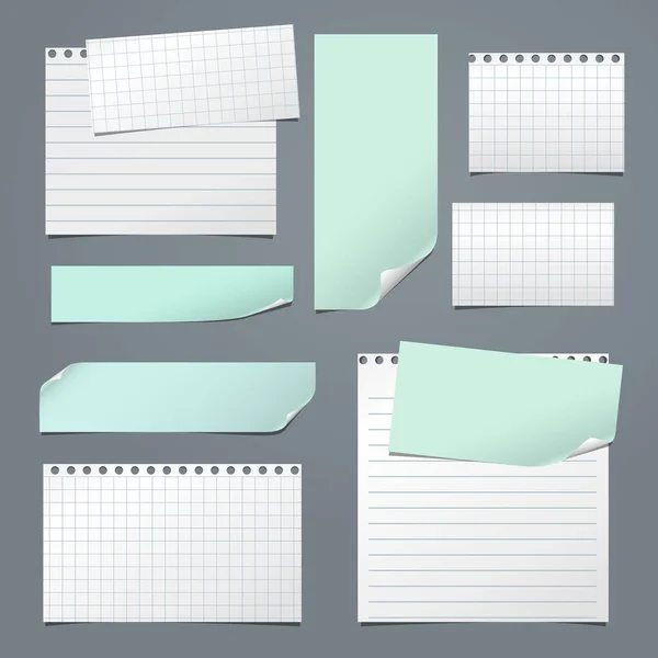 Fehér és zöld hang, notebook papír csíkok vannak sötét szürke háttérrel szöveg, reklám vagy design. Vektorillusztráció — Stock Vector
