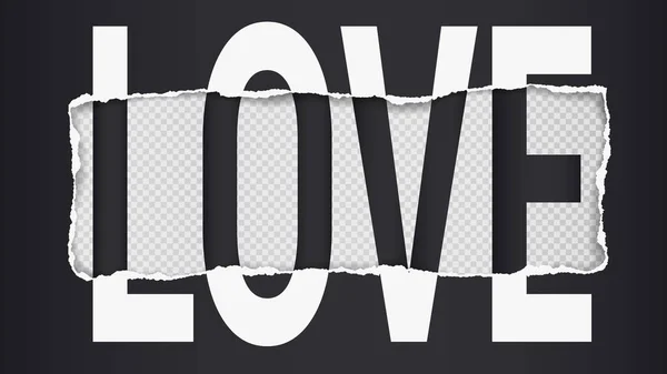Word kärlek slogan är på svart avlånga slitna, slet papper med mjuk skugga och fyrkantig bakgrund. Vektorillustration — Stock vektor