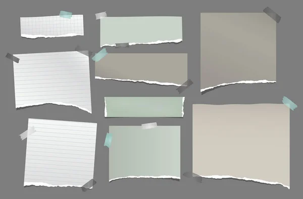 White, green torn note, notebook paper stripes with sticky tape are on dark grey background for text, advertising or design. Vector illustration — Image vectorielle