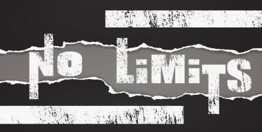 Grunge 'un limitsiz sloganı, gri arka planda yumuşak gölgeli yırtık siyah kağıt. Vektör illüstrasyonu